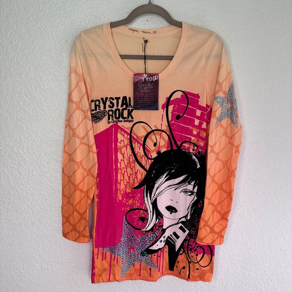 Christian Audigier Y2K Shirt Womens Large Crystal Rock Rocker Girl Guitar Tee